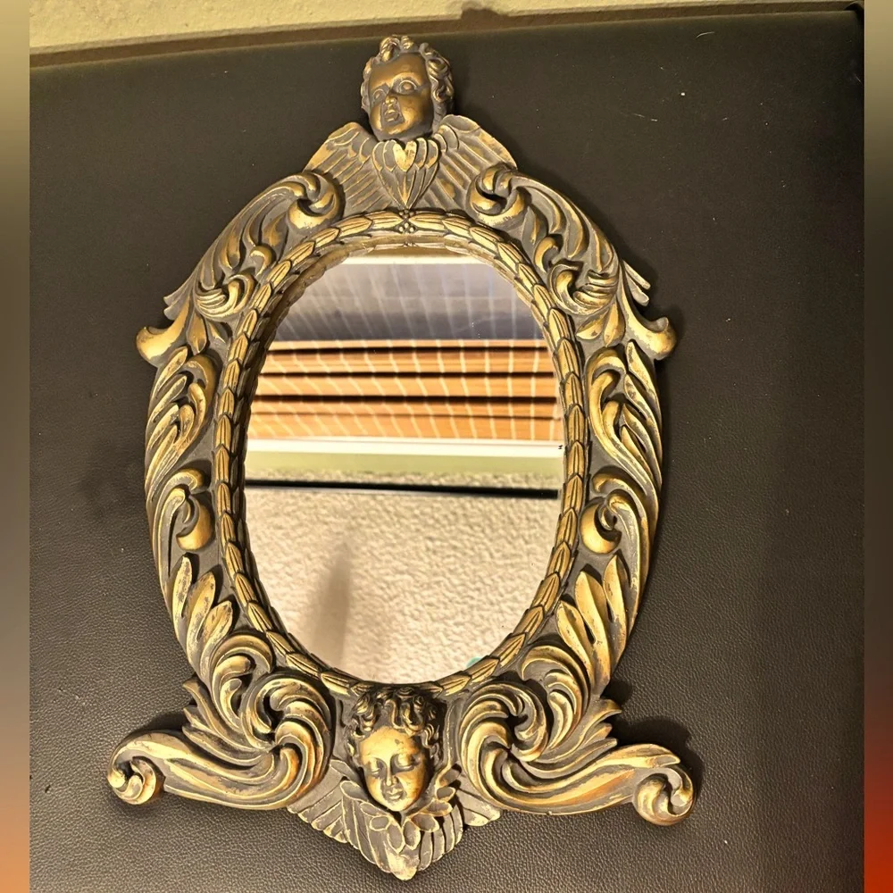3D CHERUB ANGELS OVAL PLASTER WALL MIRROR HOLLYWOOD REGENCY GOLD